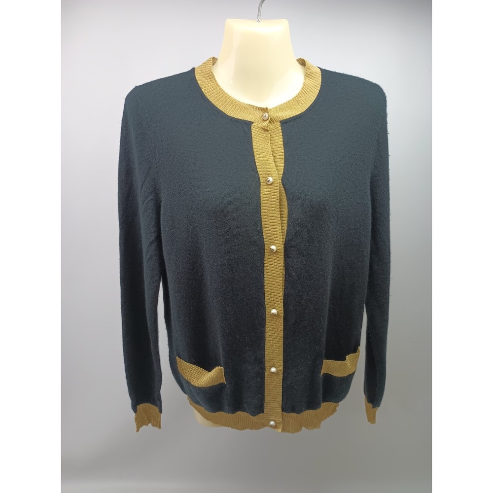 Gucci Women's Black Gold Glittery Trim Cashmere Silk Blend Cardigan Size Small